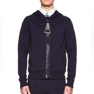 Band of Outsiders Navy cotton hoodie w/ giant leather zipper, size 2 (medium)